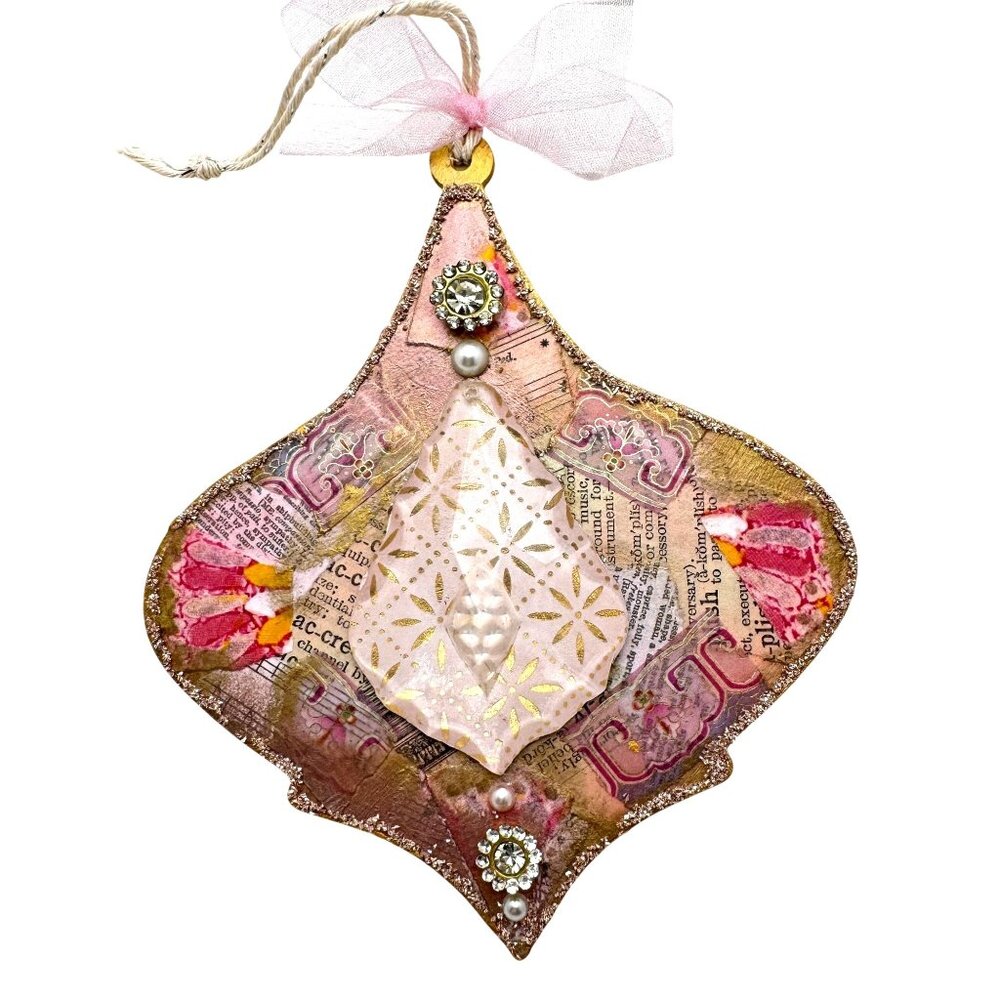 Handcrafted OOAK Collage Ornament Gold Pink Accents Pearl Rhinestone